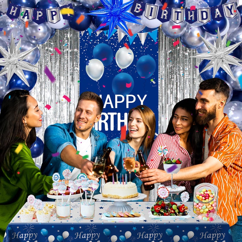 Pounira Blue Birthday Decorations for Men Women, Happy Birthday Decorations for Boys Girls Navy Blue Happy Birthday Door Banner, Tablecloth Foil Backdrop Star Balloons Arch for Mens Bday Party Supplies - Image 2