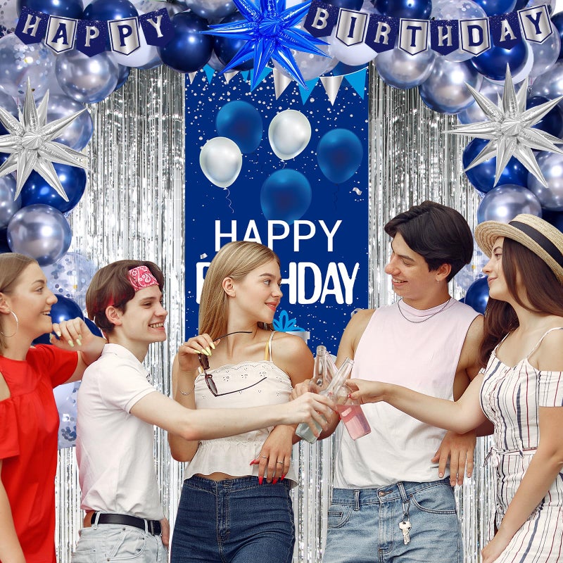 Pounira Blue Birthday Decorations for Men Women, Happy Birthday Decorations for Boys Girls Navy Blue Happy Birthday Door Banner, Tablecloth Foil Backdrop Star Balloons Arch for Mens Bday Party Supplies - Image 4