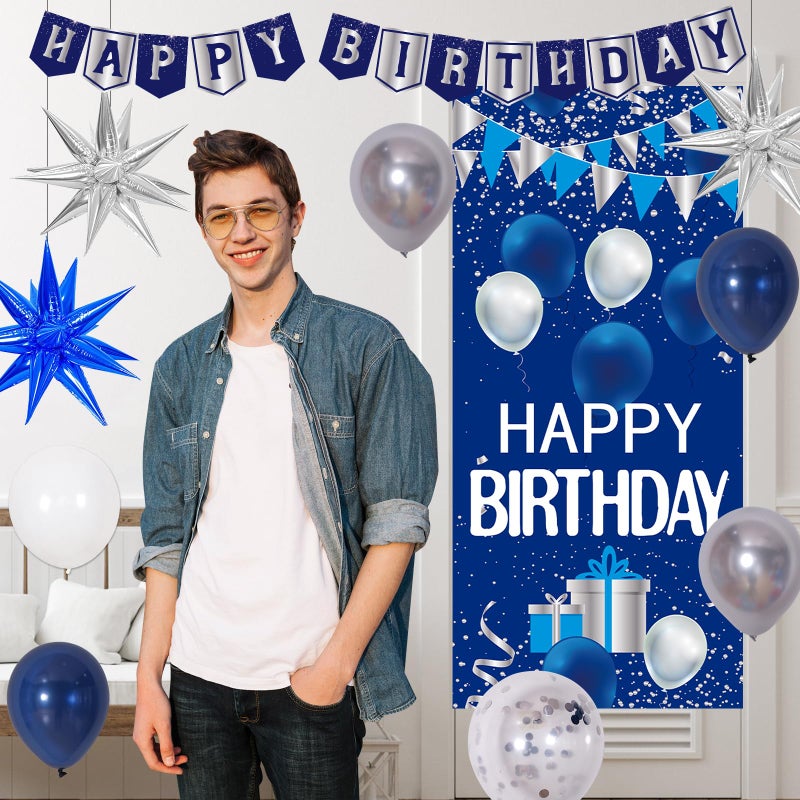 Pounira Blue Birthday Decorations for Men Women, Happy Birthday Decorations for Boys Girls Navy Blue Happy Birthday Door Banner, Tablecloth Foil Backdrop Star Balloons Arch for Mens Bday Party Supplies - Image 5