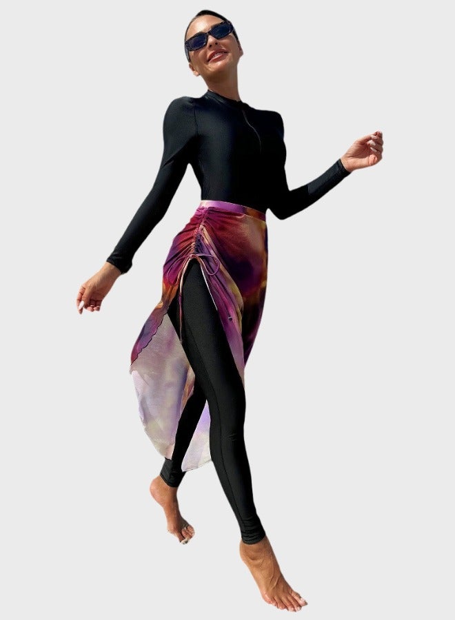 Fianser Burkini Swimsuit Set Long Sleeve One-Piece Swimwear with Wrap Skirt Zipper Sun Protection Conservative Chiffon Fabric Fashionable Diving Surfing Suit for Women Daily Beachwear - Image 5