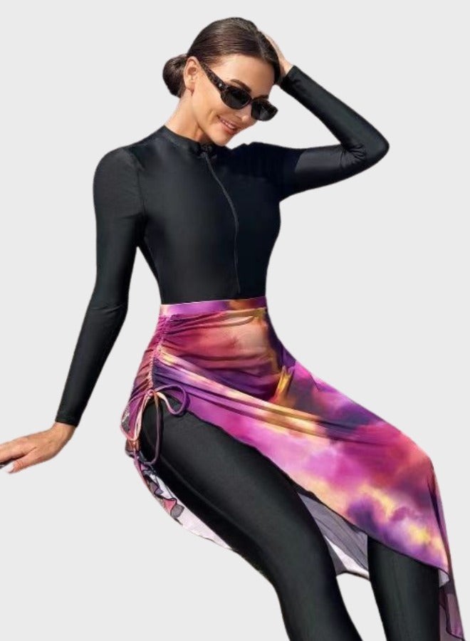 Fianser Burkini Swimsuit Set Long Sleeve One-Piece Swimwear with Wrap Skirt Zipper Sun Protection Conservative Chiffon Fabric Fashionable Diving Surfing Suit for Women Daily Beachwear - Image 1