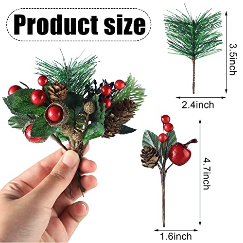 Janinka 28 Pcs Artificial Christmas Greenery Red Berry Picks Pine Cones Holly Berries Flower Stem Needles Branches Fake Greenery Floral Picks for Xmas Tree Winter Crafts Party Festive Home Decor - Image 3