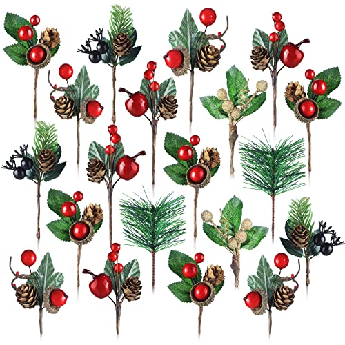 Janinka 28 Pcs Artificial Christmas Greenery Red Berry Picks Pine Cones Holly Berries Flower Stem Needles Branches Fake Greenery Floral Picks for Xmas Tree Winter Crafts Party Festive Home Decor - Image 1