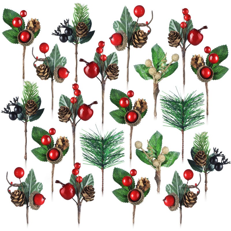 Janinka 28 Pcs Artificial Christmas Greenery Red Berry Picks Pine Cones Holly Berries Flower Stem Needles Branches Fake Greenery Floral Picks for Xmas Tree Winter Crafts Party Festive Home Decor - Image 2