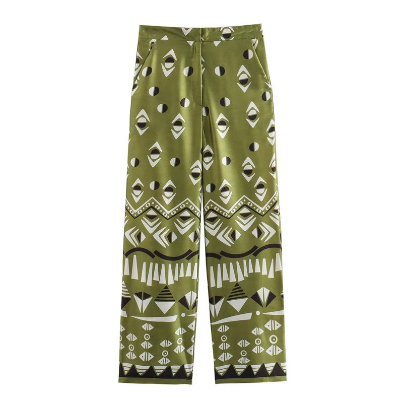 Za Womens European and American Style 2024 Summer New Silk Satin Texture Printed Shirt + Silk Satin Texture Printed Pants Trousers - Image 1
