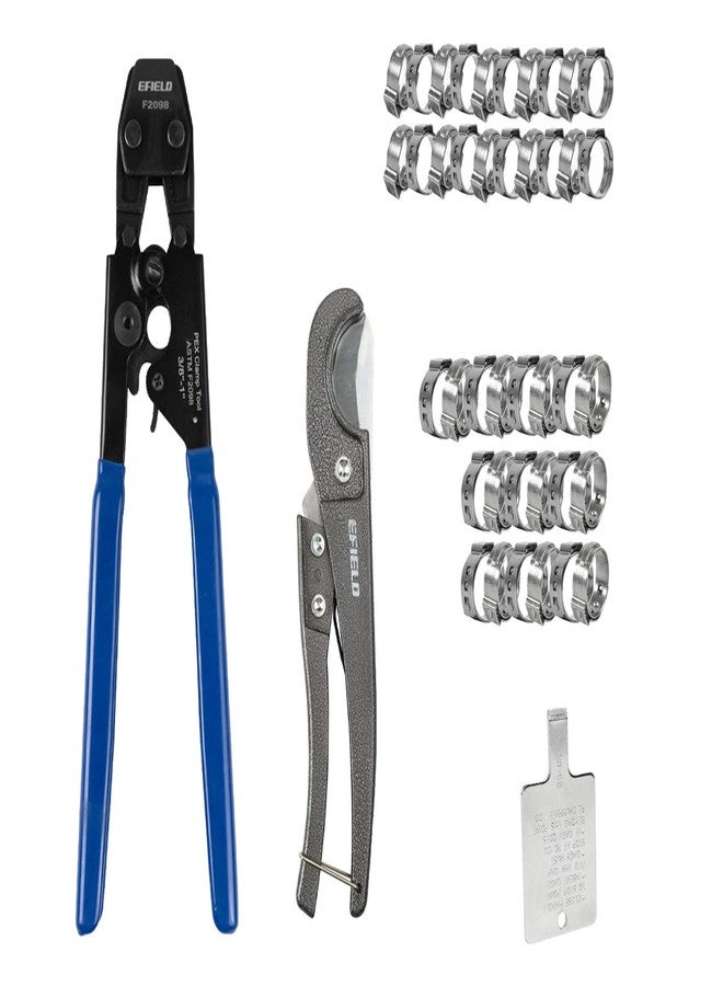 EFIELD Pex Cinch Clamp/Ear Hose Clamps Crimping Tool for Stainless Steel Clamps Sizes from 3/8" to 1" with Metal Pipe Cutter 20pcs 1/2" and 10 pcs 3/4" Clamps Suit all US F2098 Standards,(TOOL003) - Image 1