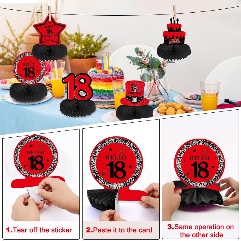 Coosilion Happy 18th Birthday Decorations for Boys Girls, Red Black 18 Year Old Birthday Decorations with 18th Birthday Banner 18 Balloon Numbers Backdrop Honeycomb Centerpieces Tablecloth Balloon Arch Garland - Image 5