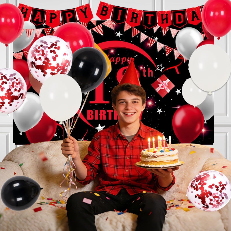 Coosilion Happy 18th Birthday Decorations for Boys Girls, Red Black 18 Year Old Birthday Decorations with 18th Birthday Banner 18 Balloon Numbers Backdrop Honeycomb Centerpieces Tablecloth Balloon Arch Garland - Image 4