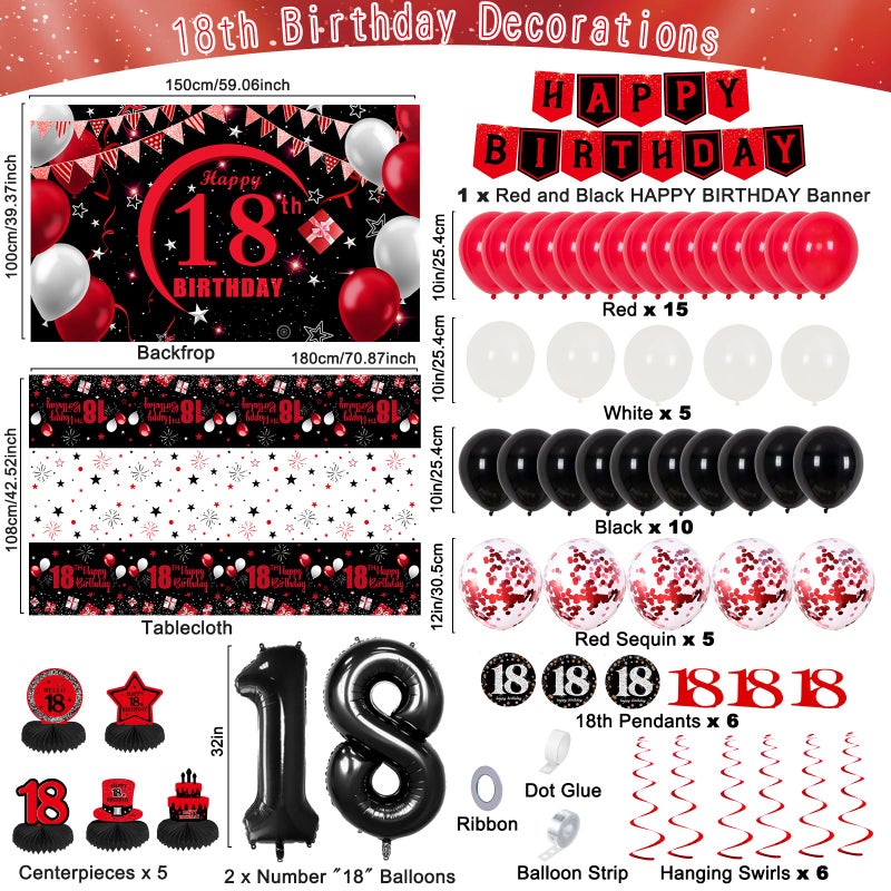 Coosilion Happy 18th Birthday Decorations for Boys Girls, Red Black 18 Year Old Birthday Decorations with 18th Birthday Banner 18 Balloon Numbers Backdrop Honeycomb Centerpieces Tablecloth Balloon Arch Garland - Image 3