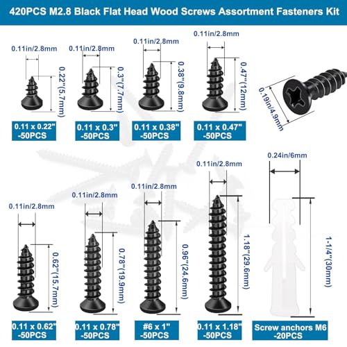 Sunxeke 420PCS M3 Small Wood Screws Assortment Kit,Phillips Drive Flat Head Self-Tapping Screws, Black Short Screws Set with 20pcs M6 Screw Anchors - Image 2