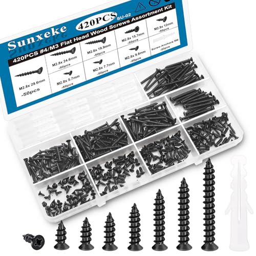 Sunxeke 420PCS M3 Small Wood Screws Assortment Kit,Phillips Drive Flat Head Self-Tapping Screws, Black Short Screws Set with 20pcs M6 Screw Anchors - Image 1