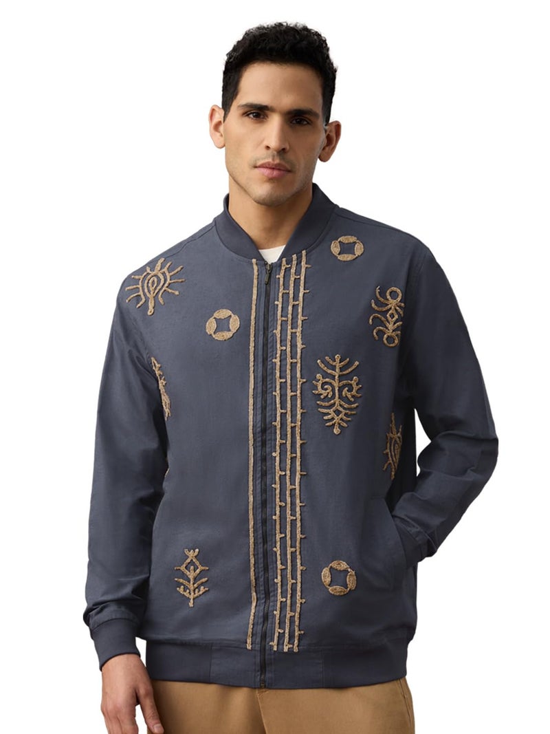 The Souled Store Linen Jacket: Blue Aztec Men and Boys Full Sleeves Mandarin Collar Navy Blue Embroidered Cotton Linen Oversized Fit Lightweight Winter Casual Linen Jacket - Image 1