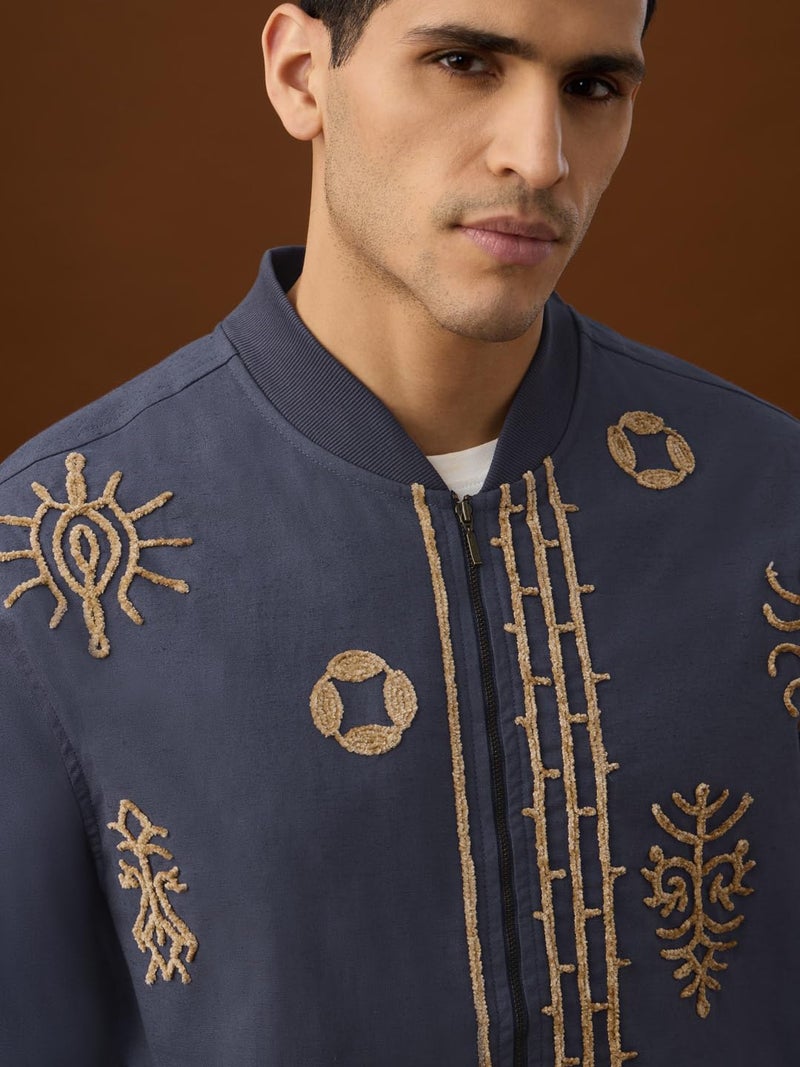 The Souled Store Linen Jacket: Blue Aztec Men and Boys Full Sleeves Mandarin Collar Navy Blue Embroidered Cotton Linen Oversized Fit Lightweight Winter Casual Linen Jacket - Image 3