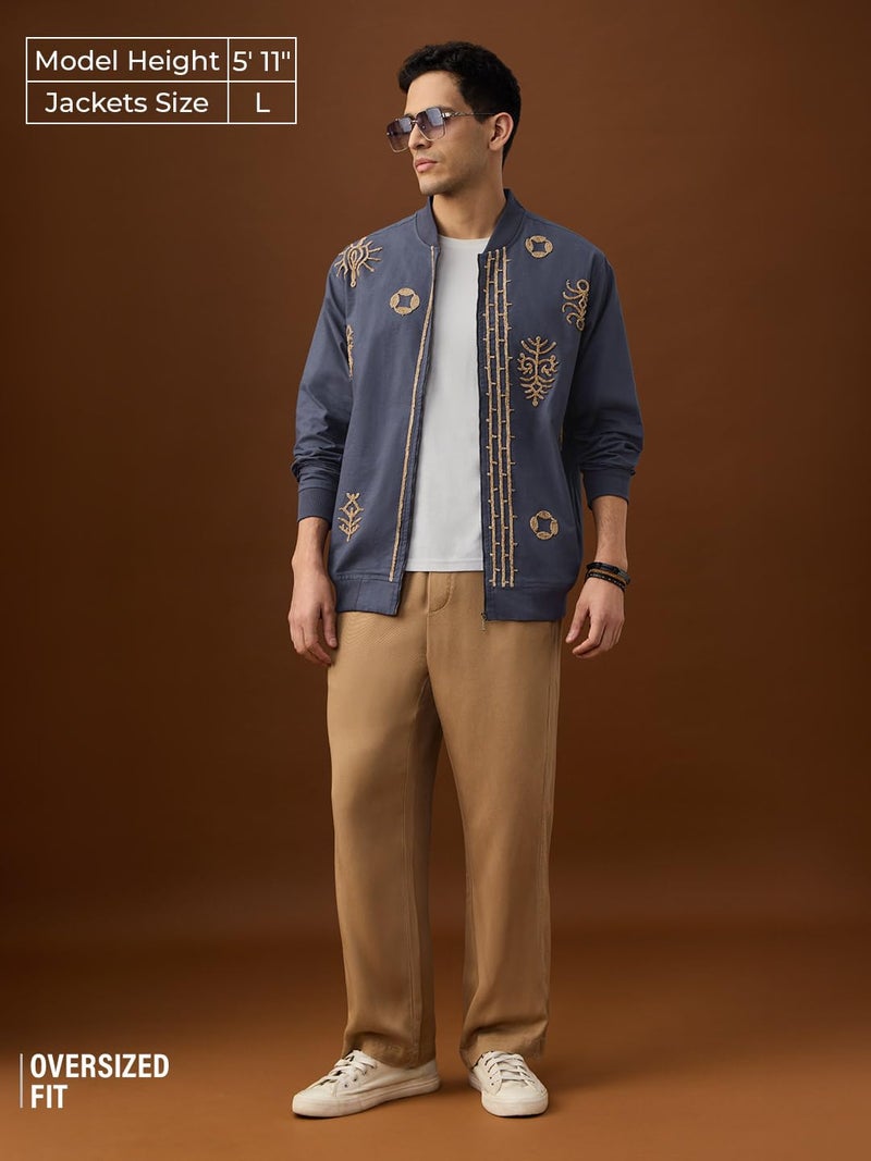 The Souled Store Linen Jacket: Blue Aztec Men and Boys Full Sleeves Mandarin Collar Navy Blue Embroidered Cotton Linen Oversized Fit Lightweight Winter Casual Linen Jacket - Image 2