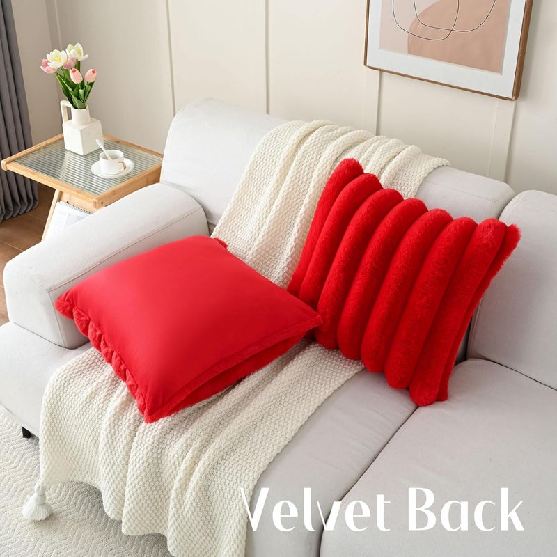 FUTEI Red Decorative Throw Pillow Covers 22x22 Inch Set of 2, Square Soft Faux Rabbit Fur Big Striped Cushion Cover,Home Decor for Couch Sofa Bed Living Room - Image 4