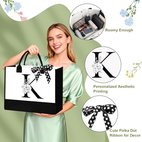 Awfrky Birthday Gifts for Women, Personalized Mother’s Day Gift for Women, Monogrammed Initial Gift for Her Teacher Wife Mom Friend Daughter Sister Girlfriend, Initial Tote Bag & Makeup bag (K) - Image 3