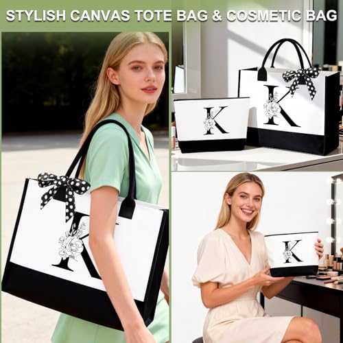 Awfrky Birthday Gifts for Women, Personalized Mother’s Day Gift for Women, Monogrammed Initial Gift for Her Teacher Wife Mom Friend Daughter Sister Girlfriend, Initial Tote Bag & Makeup bag (K) - Image 4