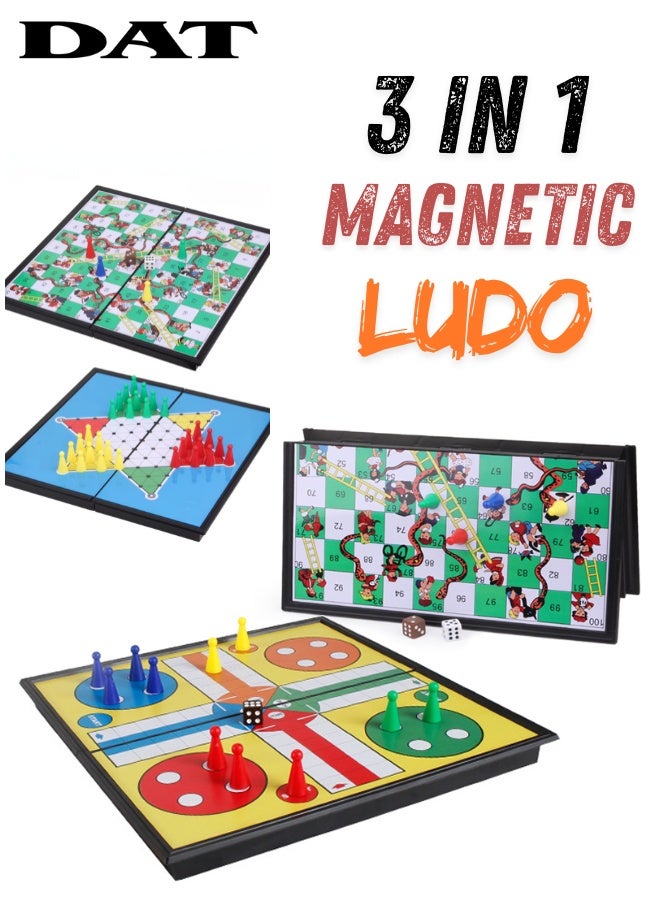 DAT 3-in-1 Magnetic Ludo Board Game Set with Snakes & Ladders and Chinese Checkers, Travel Folding Game, 2–4 Players - Image 1