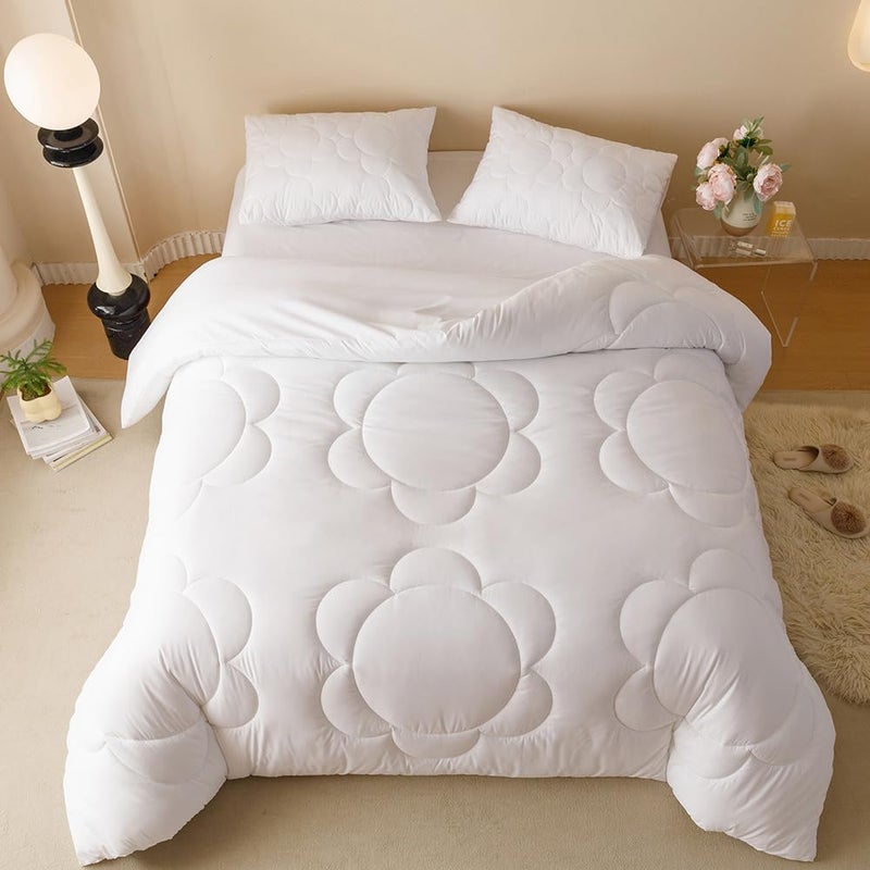 CLOTHKNOW White Daisy Puff Comforter Set Queen 3Pcs Boho Bedding Comforter Sets Floral Queen Comforter Soft White Queen Size Comforter Sets - Image 1