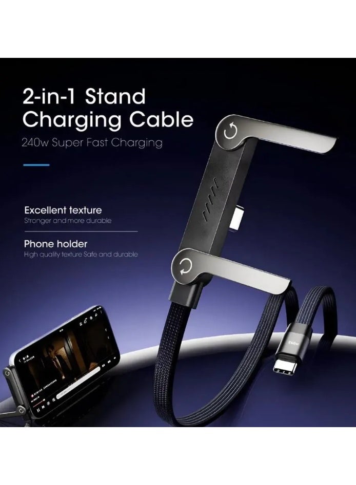 كابل شحن سريع غير مرئي 2 في 1 - سلك Type-C إلى Type-C بقوة 240 واط بتقنية PD مع حامل هاتف معدني قابل للطي بزاوية 360 درجة - نايلون مضفر، مقاوم للتشابك للألعاب والعمل المكتبي (1.5 متر) - Image 1