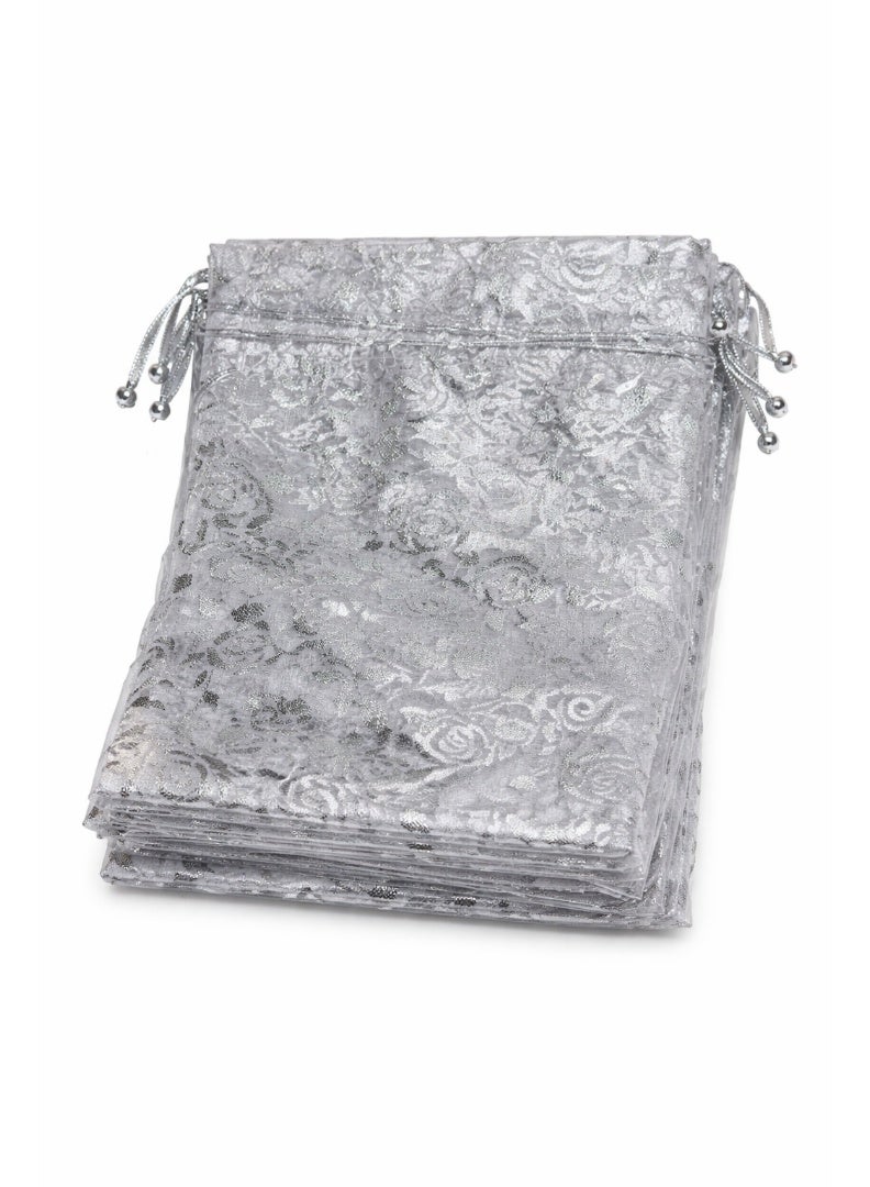 Party Time Silver Floral Drawstring Gift Bags, Party Favor Pouches for Gifts, Jewelry & Treats, 12 Pieces - Image 1