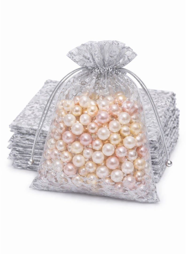 Party Time Silver Floral Drawstring Gift Bags, Party Favor Pouches for Gifts, Jewelry & Treats, 12 Pieces - Image 2