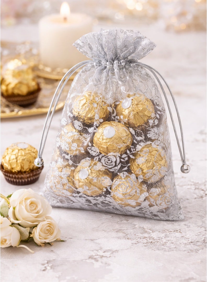 Party Time Silver Floral Drawstring Gift Bags, Party Favor Pouches for Gifts, Jewelry & Treats, 12 Pieces - Image 3