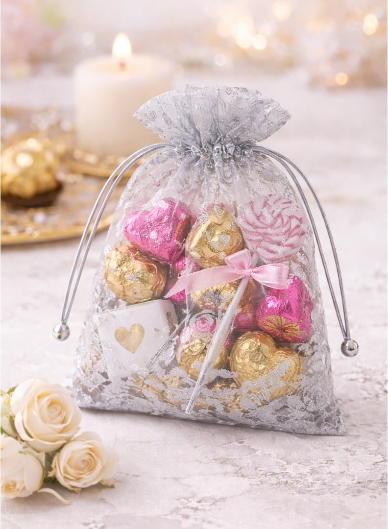 Party Time Silver Floral Drawstring Gift Bags, Party Favor Pouches for Gifts, Jewelry & Treats, 12 Pieces - Image 4