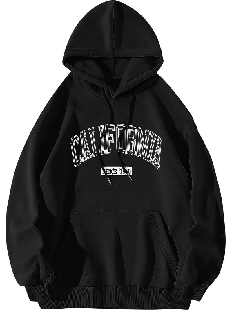 ORANDESIGNE Letter Graphic Print Hoodies for Women Oversized Long Sleeve Casual Drawstring Fall Pullover Sweatshirt Tops CALIFORNIA Black XSmall