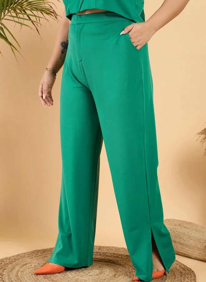 CURVY STREET Green Plus Size Straight Fit Trousers for Women