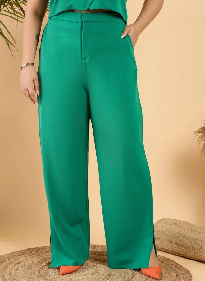 CURVY STREET Green Plus Size Straight Fit Trousers for Women