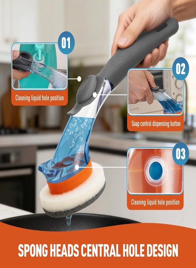 CLEANHOME عصا غسيل الأطباق من كلين هوم مزودة بموزع صابون وفرشاة تنظيف مع 6 وسادات إسفنجية قابلة للاستبدال بشريط لاصق سحري لتنظيف الأطباق وحوض المطبخ والأواني والمقالي والمرحاض وحوض الاستحمام - Image 5