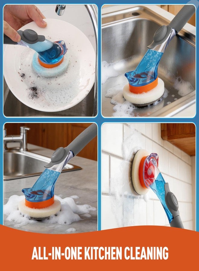CLEANHOME عصا غسيل الأطباق من كلين هوم مزودة بموزع صابون وفرشاة تنظيف مع 6 وسادات إسفنجية قابلة للاستبدال بشريط لاصق سحري لتنظيف الأطباق وحوض المطبخ والأواني والمقالي والمرحاض وحوض الاستحمام - Image 4