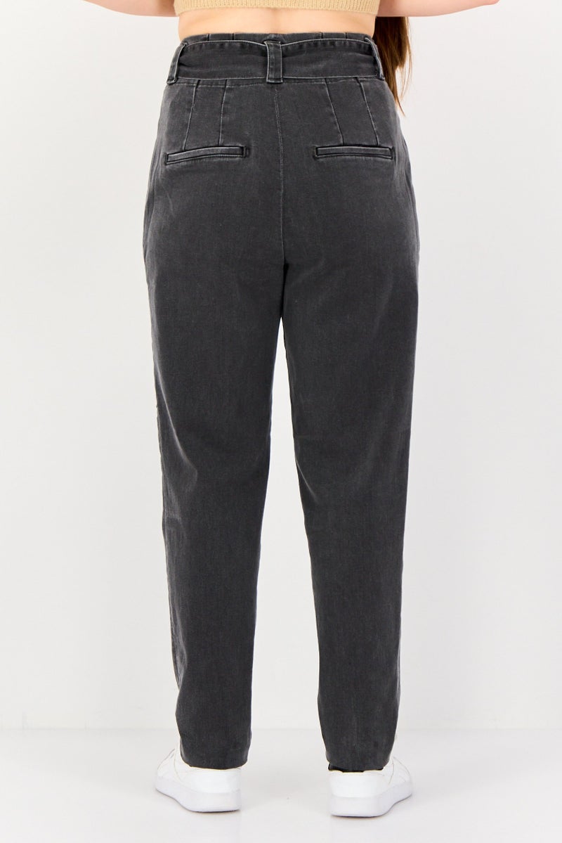 Reiko Women Cigarette Fit Washed Stretchable Belted Jeans, Grey - Image 3