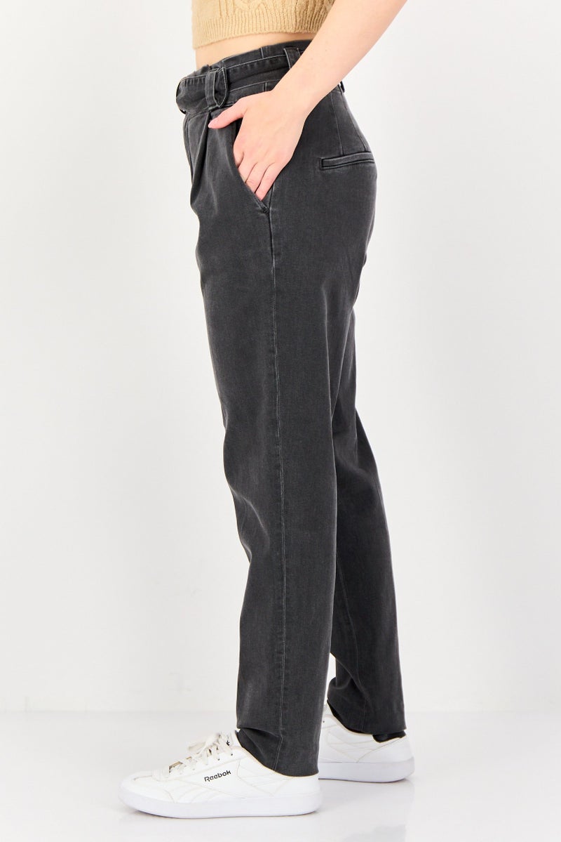 Reiko Women Cigarette Fit Washed Stretchable Belted Jeans, Grey - Image 4