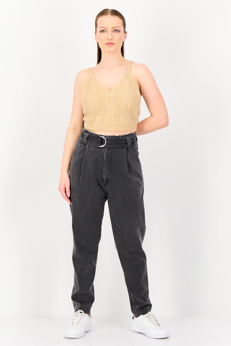 Reiko Women Cigarette Fit Washed Stretchable Belted Jeans, Grey - Image 2