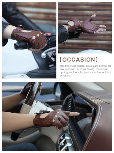 GSG SINCE 1998 GSG Mens Fingerless Leather Gloves Driving Cycling Motorcycle Half Gloves Unlined Medium Dark Brown - Image 3
