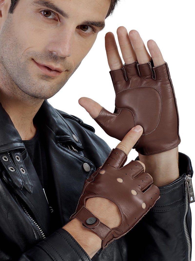 GSG SINCE 1998 GSG Mens Fingerless Leather Gloves Driving Cycling Motorcycle Half Gloves Unlined Medium Dark Brown - Image 2