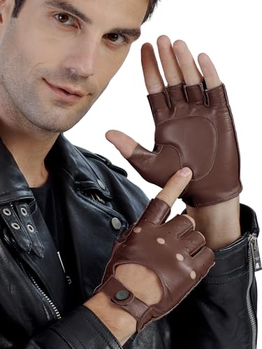 GSG SINCE 1998 GSG Mens Fingerless Leather Gloves Driving Cycling Motorcycle Half Gloves Unlined Medium Dark Brown - Image 1