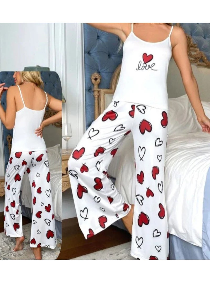 Two-Piece Pajamas Made Of Butter Lycra - With Hearts Print - Image 1