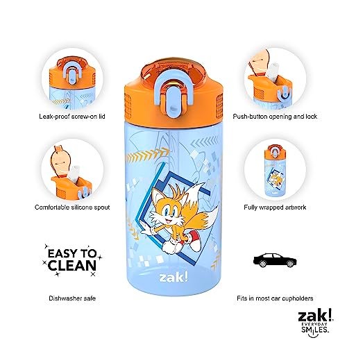 Zak Designs Sonic Kids' 2-Pack Leak-Proof Water Bottles With Straw, Handle and Pop-Up Spout Cover - Image 4