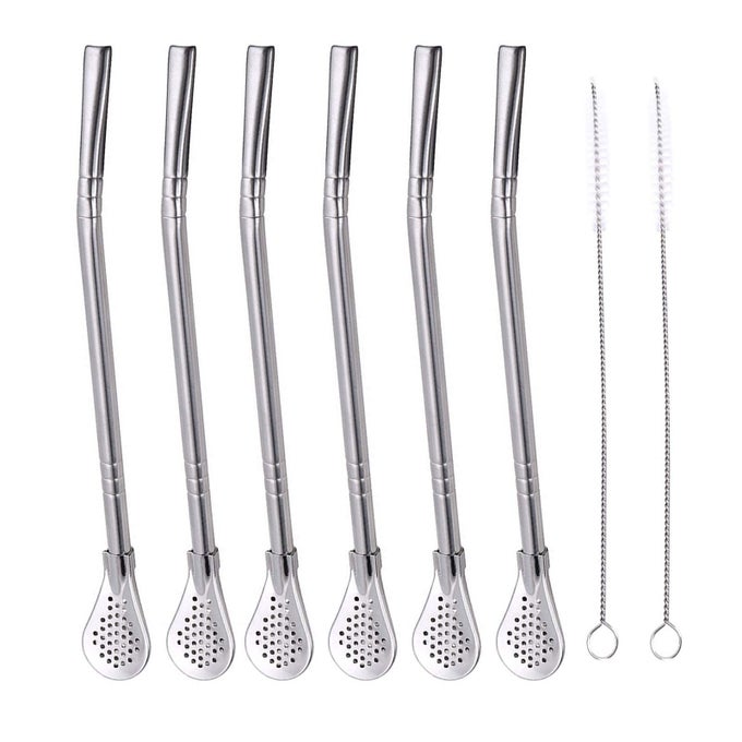 6 PCS STAINLESS STEEL YERBA MATE TEA BOMBILLA STRAWS WITH FILTER SPOON AND 2 PCS CLEANING BRUSHES REMOVABLE FILTERED SPOONS DRINKING STRAW 185CM728INCH
