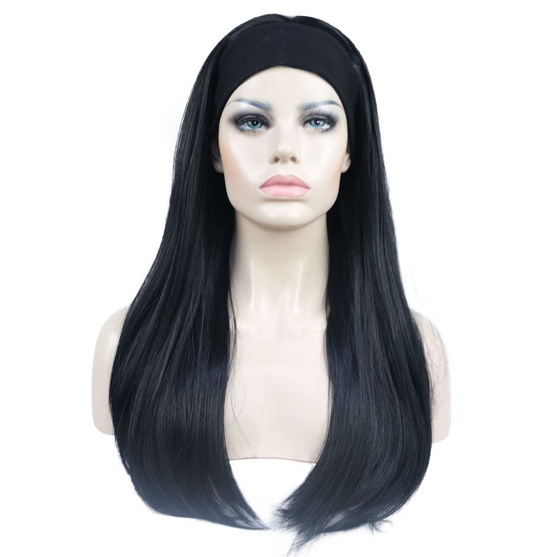 Aimole Long Straight 34 Womens Wigs Hair Piece Synthetic Hair with Black Headband2 Natural Black