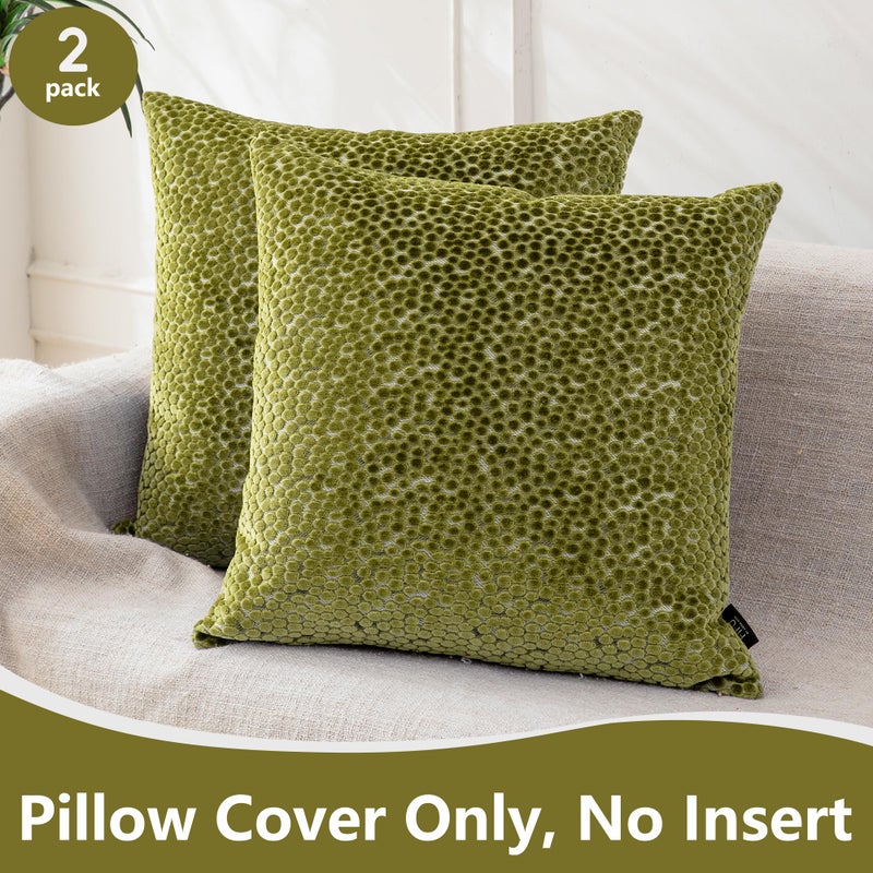 FIFU 2-Pack 18x18 Inch Decorative Throw Pillow Covers - Jacquard Velvet Front with Linen-Look Back, Invisible Zipper, Machine Washable Cushion Shells for Living Room, Bedroom & Home Sofa, Olive Green - Image 2