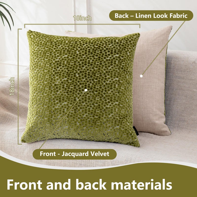 FIFU 2-Pack 18x18 Inch Decorative Throw Pillow Covers - Jacquard Velvet Front with Linen-Look Back, Invisible Zipper, Machine Washable Cushion Shells for Living Room, Bedroom & Home Sofa, Olive Green - Image 3