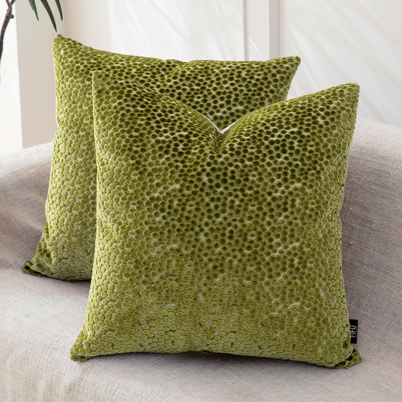 FIFU 2-Pack 18x18 Inch Decorative Throw Pillow Covers - Jacquard Velvet Front with Linen-Look Back, Invisible Zipper, Machine Washable Cushion Shells for Living Room, Bedroom & Home Sofa, Olive Green - Image 1