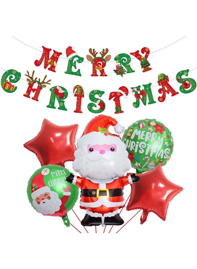 لافتة عيد ميلاد سعيد مع بالونات سانتا كلوز والنجمة الحمراء - مجموعة ديكورات حفلات احتفالية - Image 1