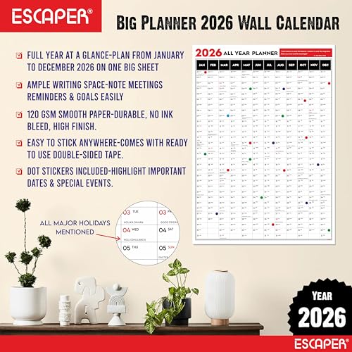 ESCAPER Big Planner 2026 Wall Calendar (18 x 25 inches) with Dot Stickers, Single Sheet Yearly Wall Planner, 120 GSM Smooth Paper, Daily Organizer for Home, Office & Study, 2026 New Year Gift - Image 2