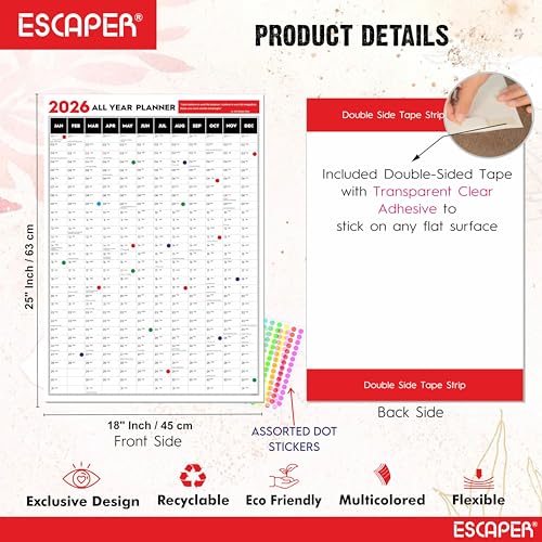 ESCAPER Big Planner 2026 Wall Calendar (18 x 25 inches) with Dot Stickers, Single Sheet Yearly Wall Planner, 120 GSM Smooth Paper, Daily Organizer for Home, Office & Study, 2026 New Year Gift - Image 4