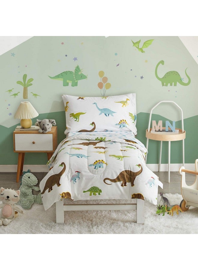 Uozzi Bedding طقم سرير للأطفال مكون من 4 قطع ديناصور أبيض مع ديناصورات و وحوش ملونة، طقم لحاف للأطفال لفصل الخريف والشتاء يتضمن لحاف، شريحة مسطحة، شريحة ملائمة وغطاء وسادة - Image 1